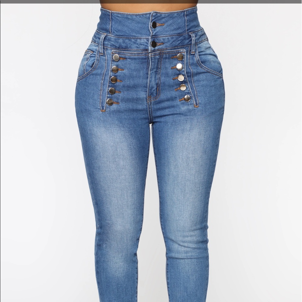 Fashion Nova. High Rise Sailor Double Button Skinny Jean. Medium Wash - Picture 3 of 6